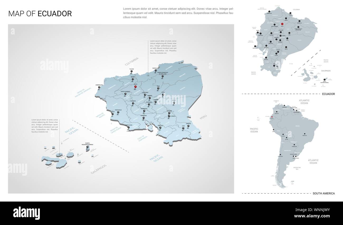 Vector set of Ecuador country - Vector Set Of Ecuador Country Isometric 3d Map Ecuador Map South America Map With Region State Names And City Names WNNJWY