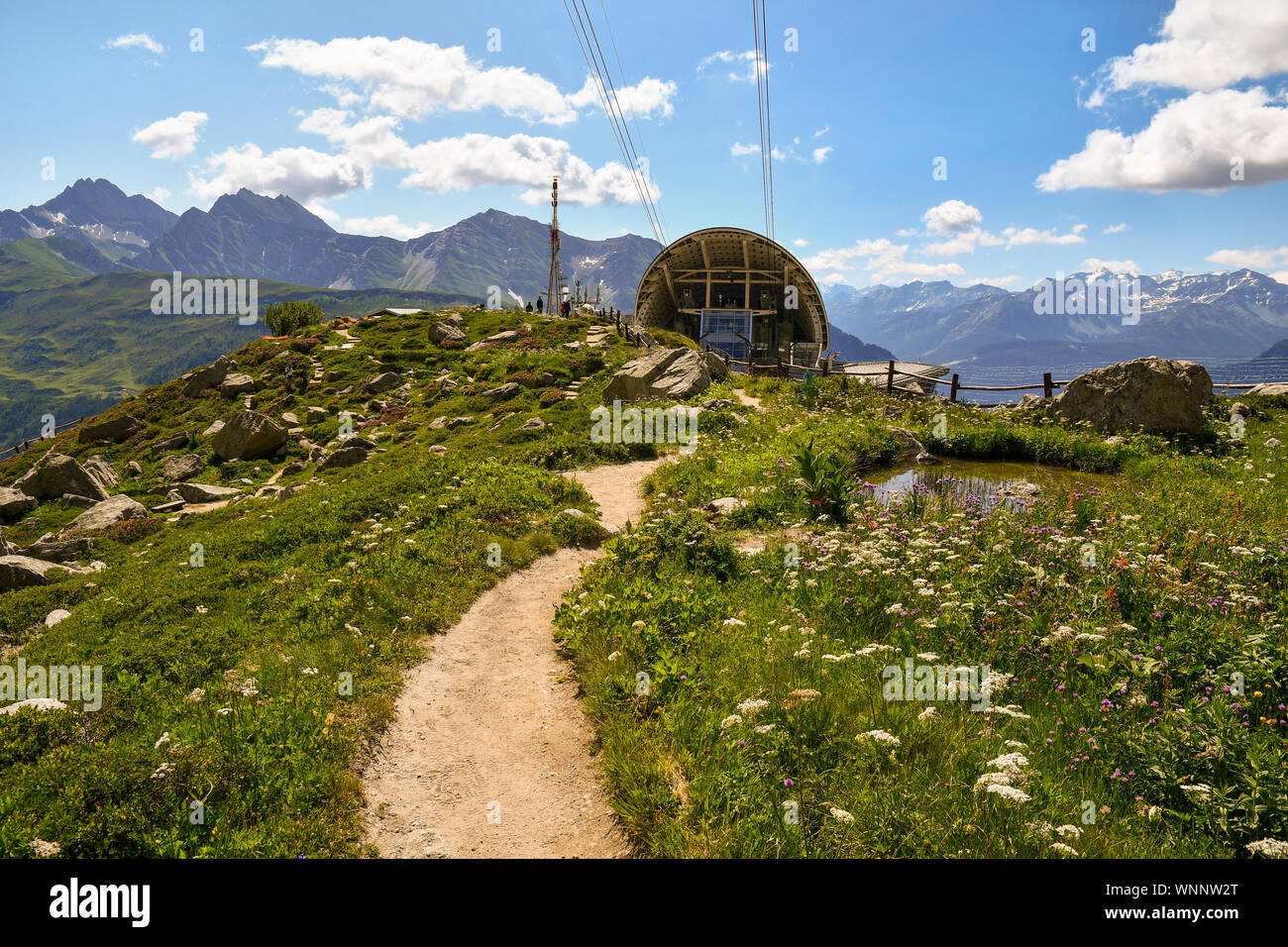 View of the Saussurea Alpine Botanical Garden of Skyway Monte Bianco cableway with a footpath and a small pond in summer, Courmayeur, Aosta, Italy Stock Photo