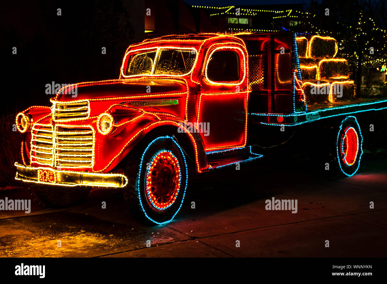 Truck decorated with Christmas lights, River of Lights, Albuquerque Bio Park, Albuquerque, New Mexico USA Stock Photo