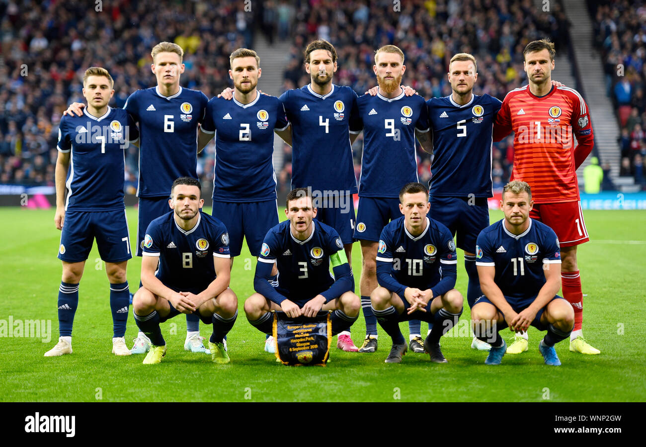 Scotland team group. Top row (left to right) Scotland's James Forrest, Scott McTominay, Stephen O'Donnell, Charlie Mulgrew, Oliver McBurnie, Liam Cooper and David Marshall. Bottom row (left to right) John McGinn, Andrew Robertson, Callum McGregor and Ryan Fraser during the UEFA Euro 2020 Qualifying, Group I match at Hampden Park, Glasgow. Stock Photo