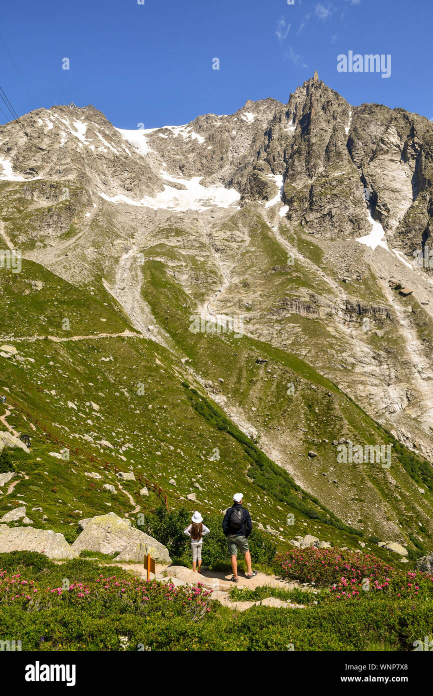 View of the Alpine Botanical Garden Saussurea of Skyway Monte Bianco with tourists admiring the Mont Blanc massif in summer, Courmayeur, Aosta, Italy Stock Photo