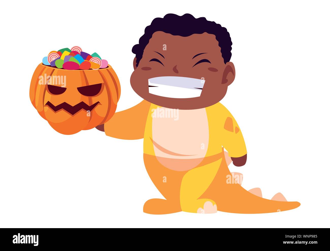 happy boy in halloween dinosaur costume vector illustration Stock ...
