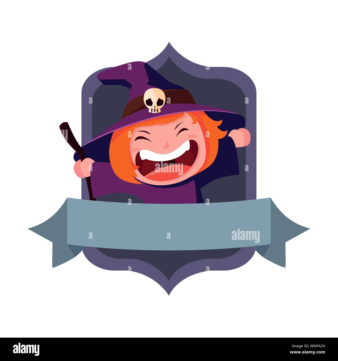 smiling girl in witch costume with broom halloween vector illustration ...
