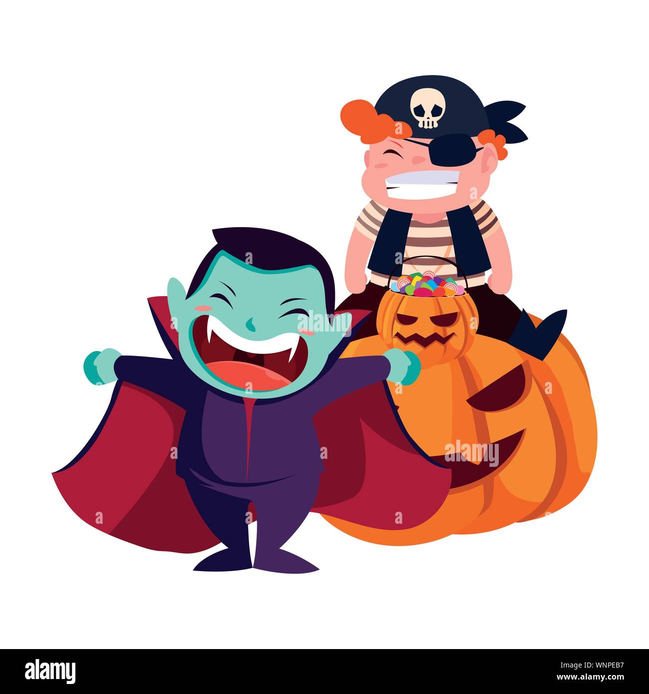 kids in halloween costumes with pumpkins vector illustration Stock ...