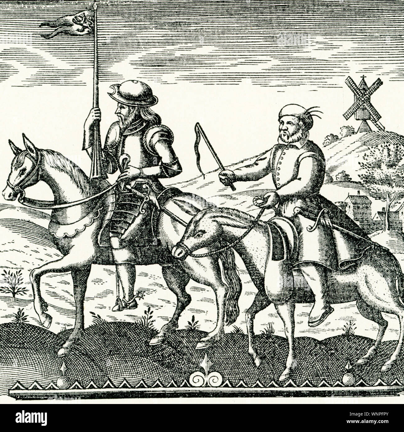 This illustration shows Don Quixote (left) and Sancho Panza. It is the title page from the first Cervantes edition. Don Quixote is a middle-aged gentleman from the region of La Mancha in central Spain, who is obsessed with the chivalrous ideals praised in books he has read. After a first failed adventure, he sets out on a second one with a somewhat befuddled laborer named Sancho Panza, whom he has persuaded to accompany him as his faithful squire. The novel was published in 1605 by Spanish writer Miguel de Cervantes. Stock Photo