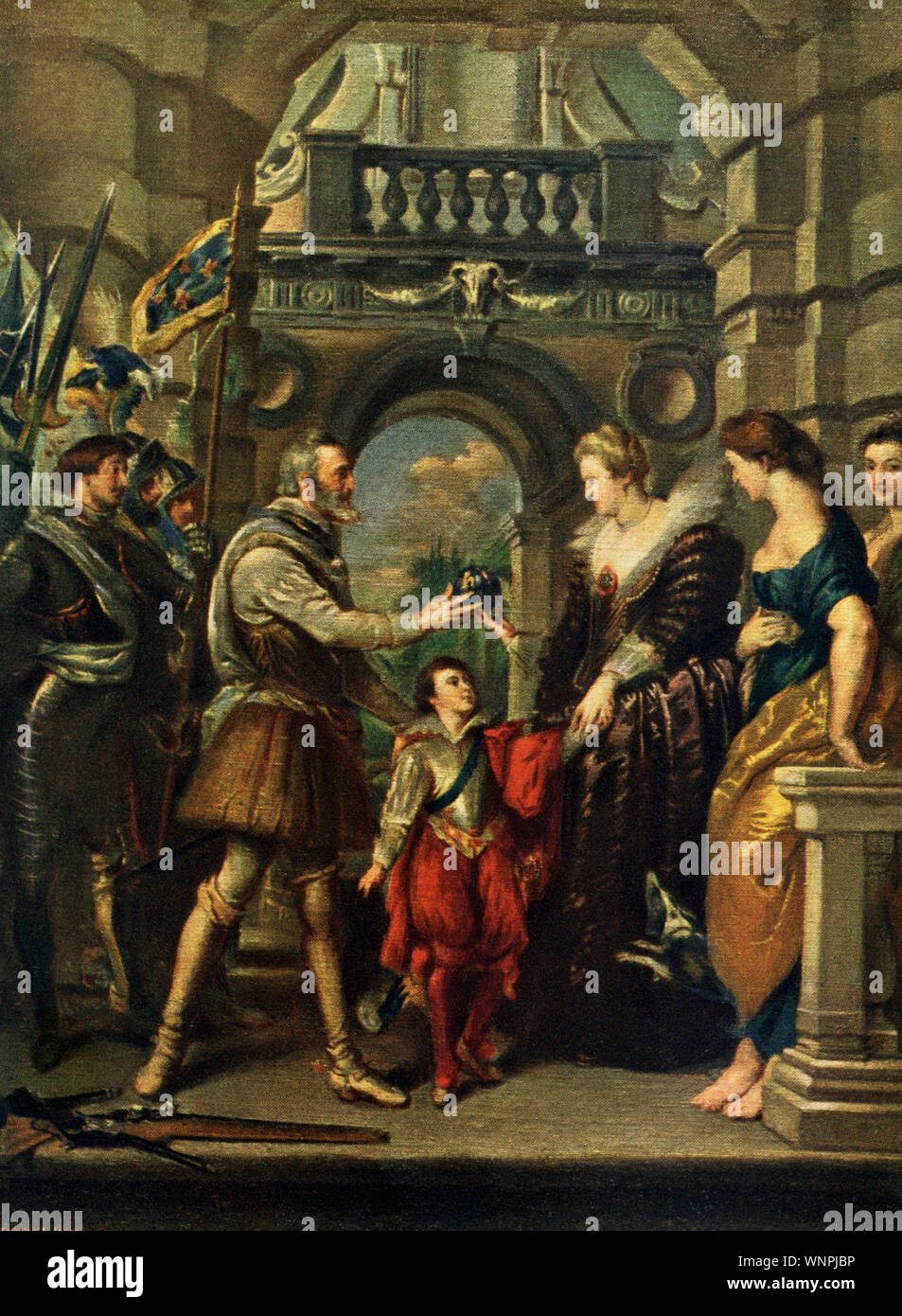 This painting  by P.P. Rubens (1577-1640) shows King Henry IV (died  of France and his wife Maria de’ Medici  (died 1642). Here we see the king just before his departure to the war against Germany. It is housed in the Louvre in Paris. This one is titled Consignment of the Regency and is part of the Henry IV Cycle that was commissioned by Marie de’ Medici. Here, Henry IV entrusts Marie with both the regency of France and the care of the dauphin shortly before his war campaigns and eventual death. To the right of Marie is the figure Prudence. Stock Photo