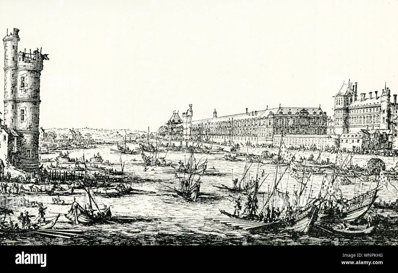 This image shows Louvre and Tuileries in the first half of the 17th century. An engraving by Callot in Pictures and Drawings section of the National Library in Paris. The Tuileries was a royal and imperial palace in Paris on the right bank of the River Seine. It was the Parisian residence for most French monarchs, from Henry IV to Napoleon III, until it was burned by the Paris Commune in 1871. The Louvre was  a royal residence as well until 1682 when Louis XIV moved his court to Versailles. Stock Photo