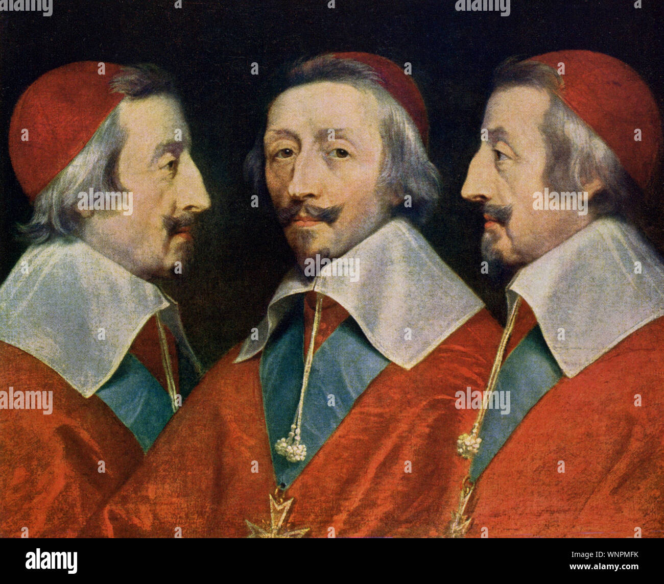 Pictured here is Armand Jean du Plessis (1585-1642), better known as Cardinal von Richelieu. The painting was done in 1642  by Philippe de Champaigne (1602-1674) and is housed in the London National Gallery. Richelieu was a French clergyman and statesman. He was consecrated as a bishop in 1607 and was appointed Foreign Secretary in 1616.  He became a cardinal in 1622, and King Louis XIII's chief minister in 1624. He remained in office until his death in 1642 Stock Photo