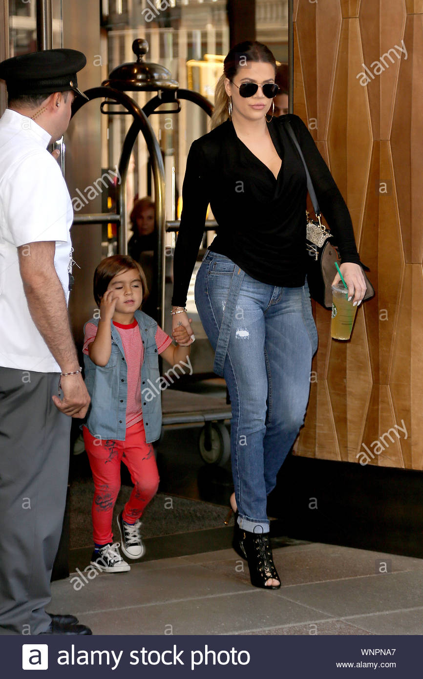 New York, NY - Khloe Kardashian steps out of the Trump SoHo hotel with her  nephew, Mason