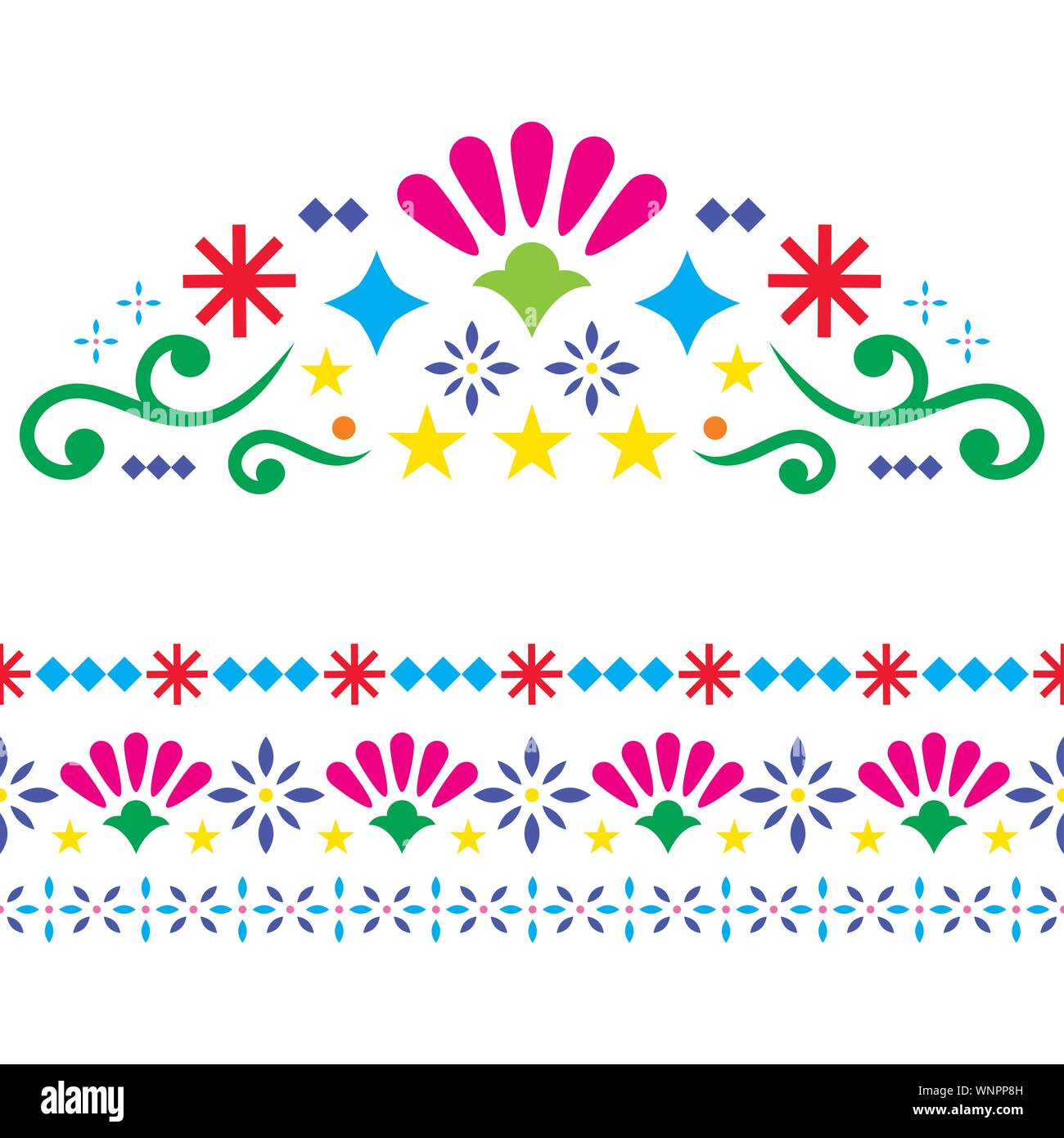 Mexican vector design elements, colorful traditional folk art patterns from Mexico, vibrant greeting card on wedding party invitation ornaments Stock Vector
