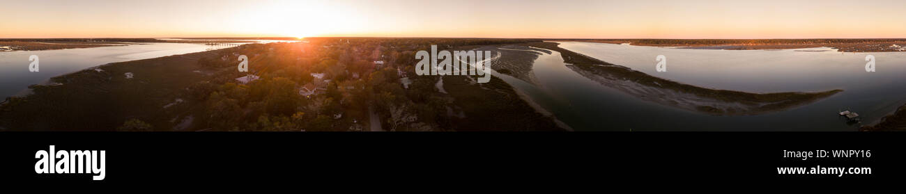 Seamless 360 degree panorama of town and river at sunset, Beaufort, South Carolina. Stock Photo