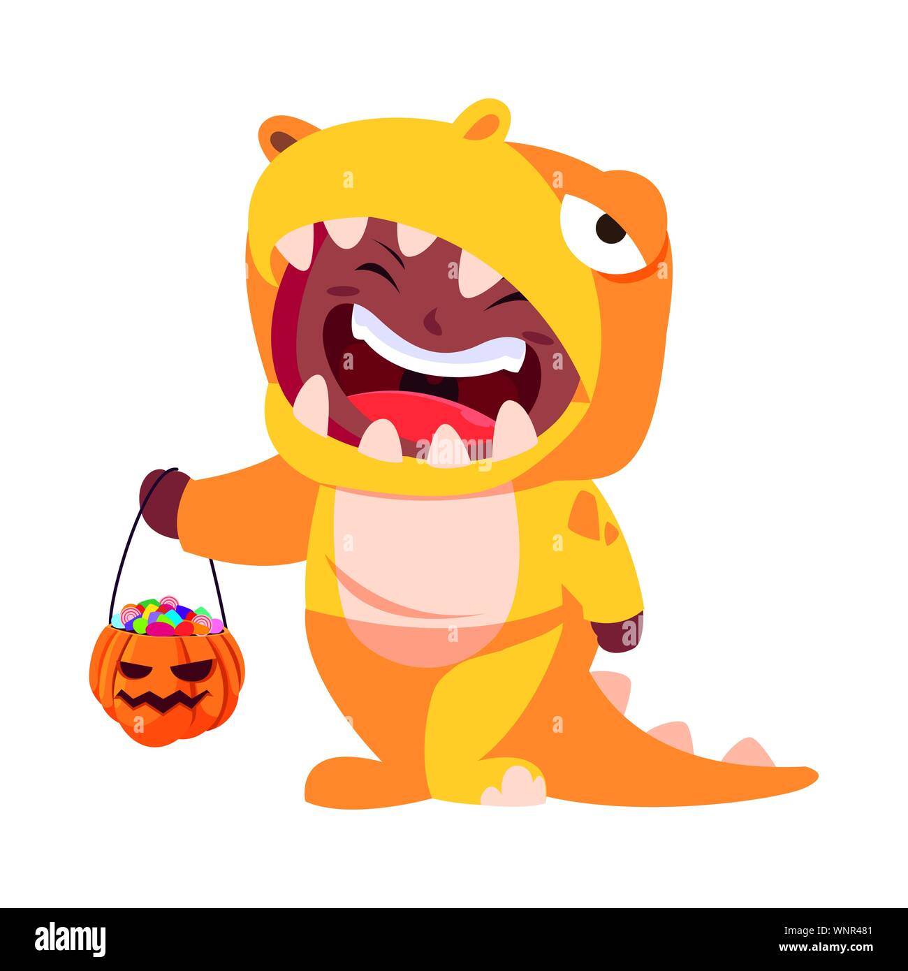 happy boy in halloween dinosaur costume vector illustration Stock
