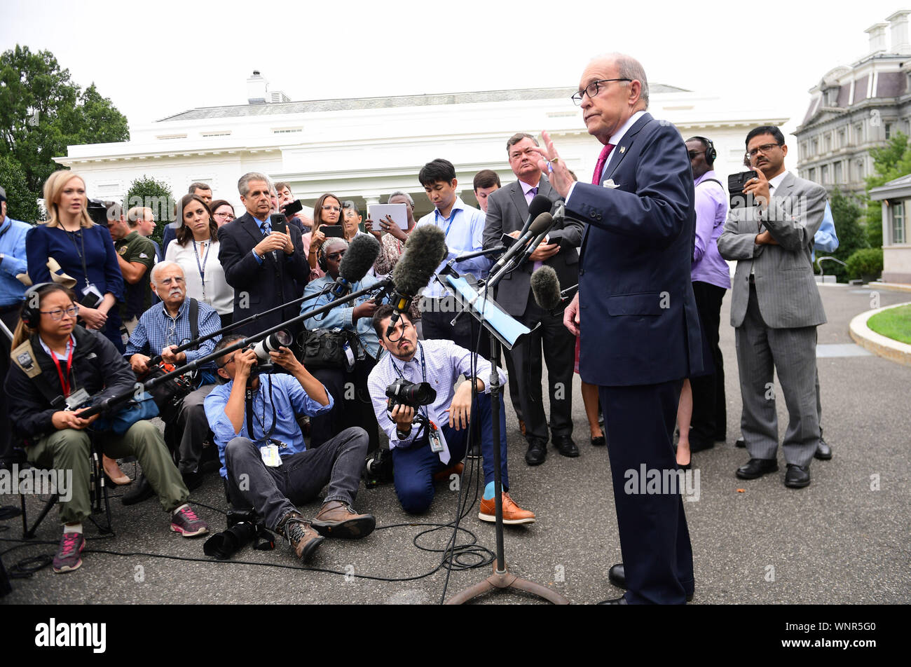 Washington DC, USA. 6th Sept 2019. Larry Kudlow, Director of the National Economic Council, speaks to members of the media at the White House in Washington, DC on Friday, September 6, 2019. Photo by Kevin Dietsch/UPI Credit: UPI/Alamy Live News Stock Photo