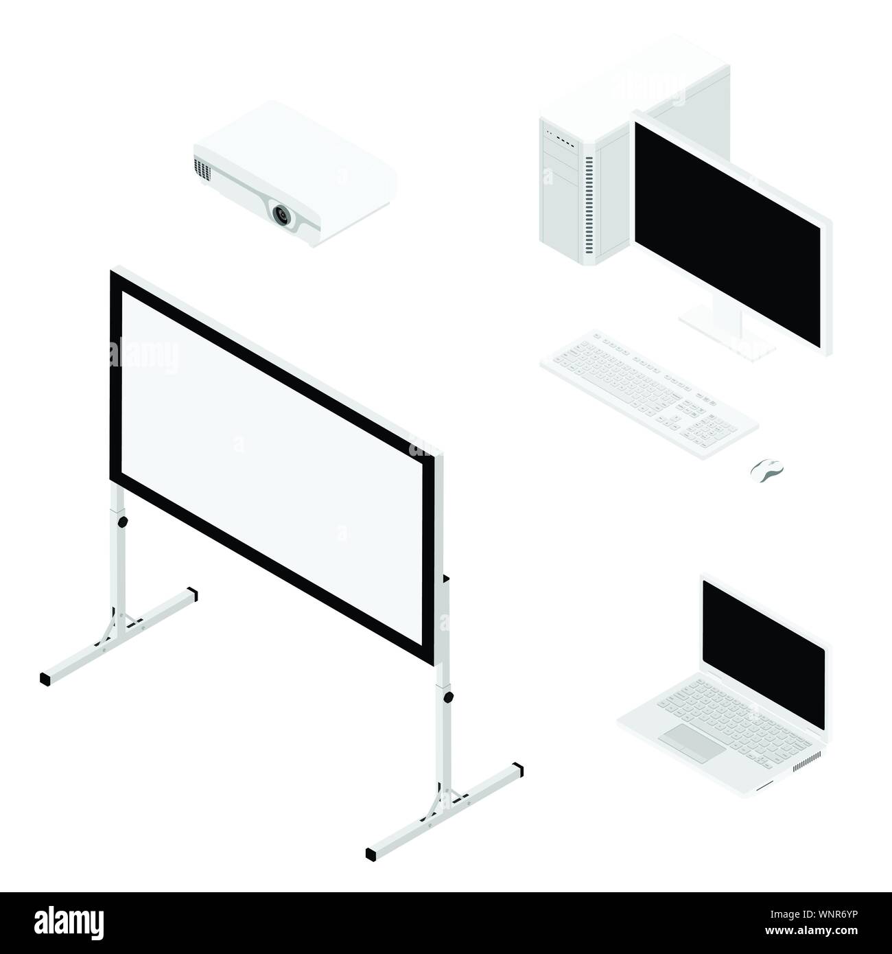 Laptop computer, projector and screen isometric view. Realistic video projector, white empty screen, personal and laptop computer Stock Vector