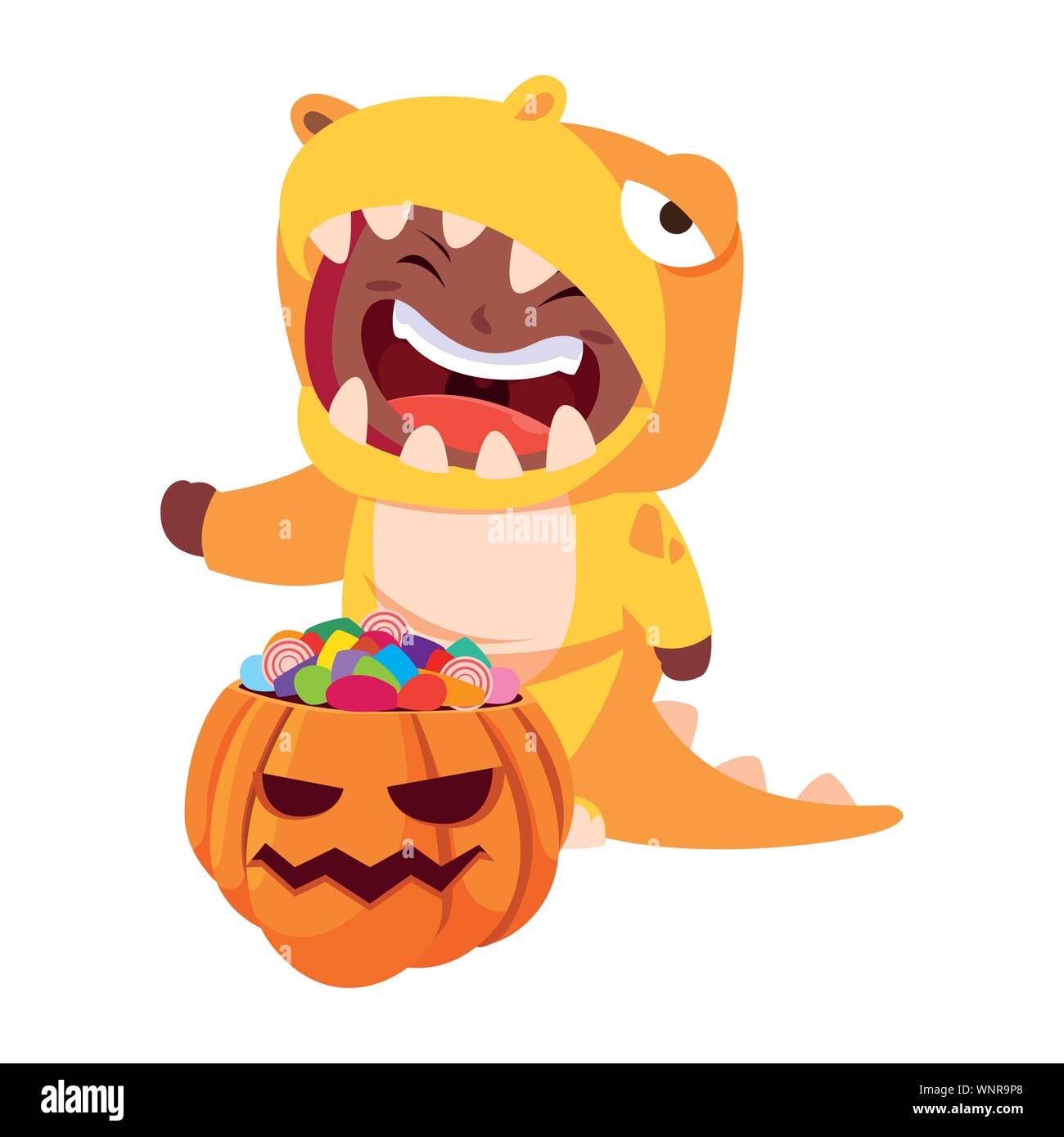 happy boy in halloween dinosaur costume vector illustration Stock ...