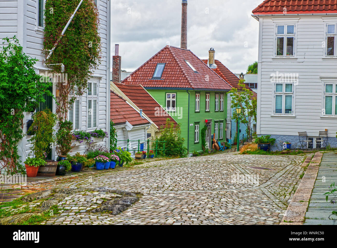 Timber houses in the neighbourhood of Nordnes, Bergen, Norway Stock