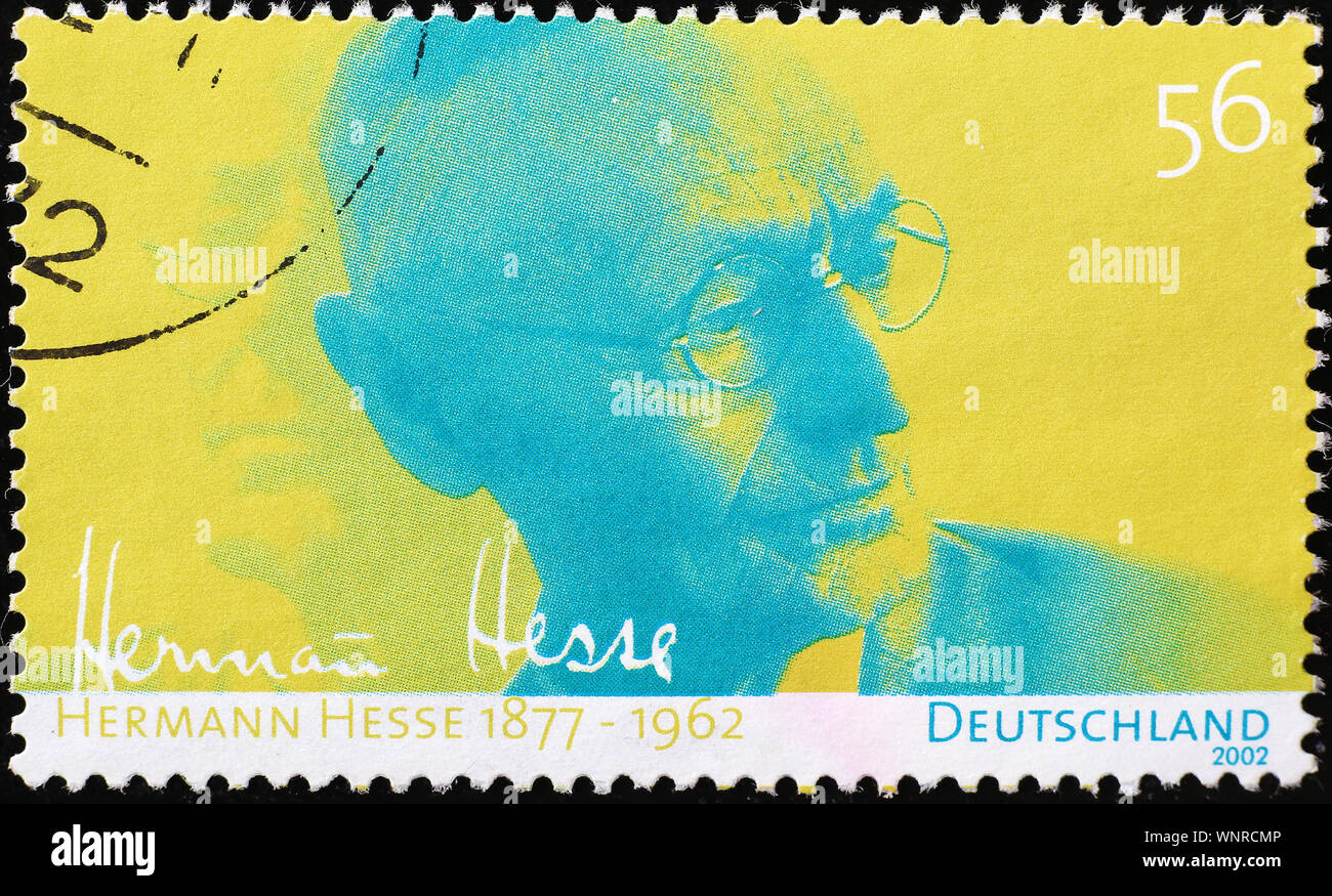 Portrait of Hermann Hesse on german postage stamp Stock Photo