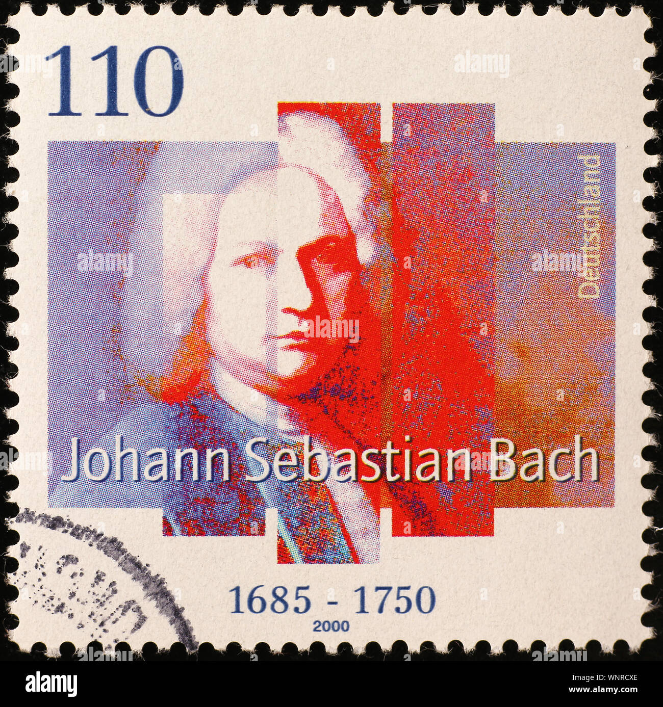 Portrait of Johann Sebastian Bach on german postage stamp Stock Photo