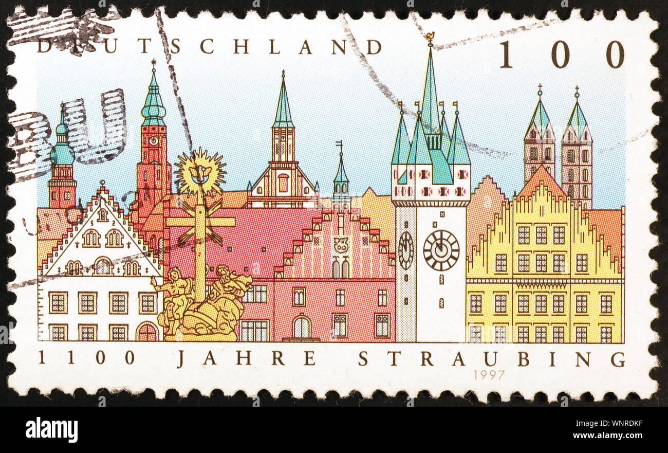 Straubing cityscape on german postage stamp Stock Photo