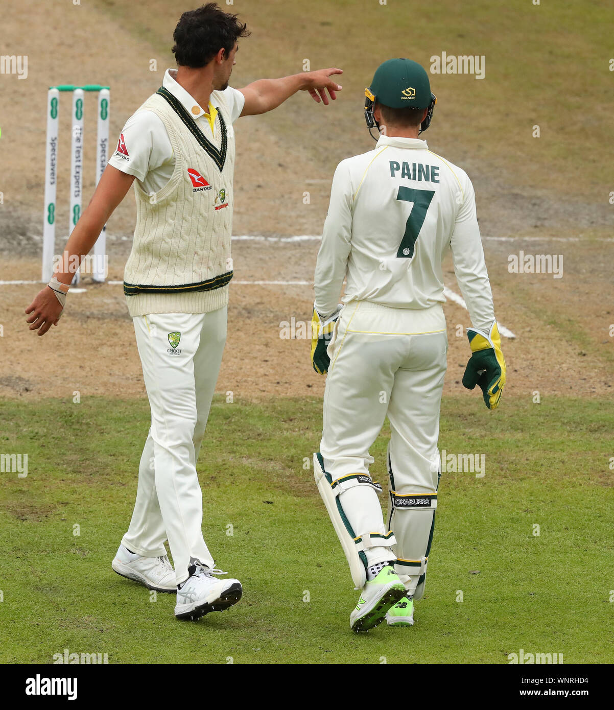 Manchester, UK. 06th Sep, 2019. Mitchell Starc and Tim Paine of Australia discuss field placings during day three of the 4th Specsavers Ashes Test Match, at Old Trafford Cricket Ground, Manchester, England. Credit: ESPA/Alamy Live News Stock Photo