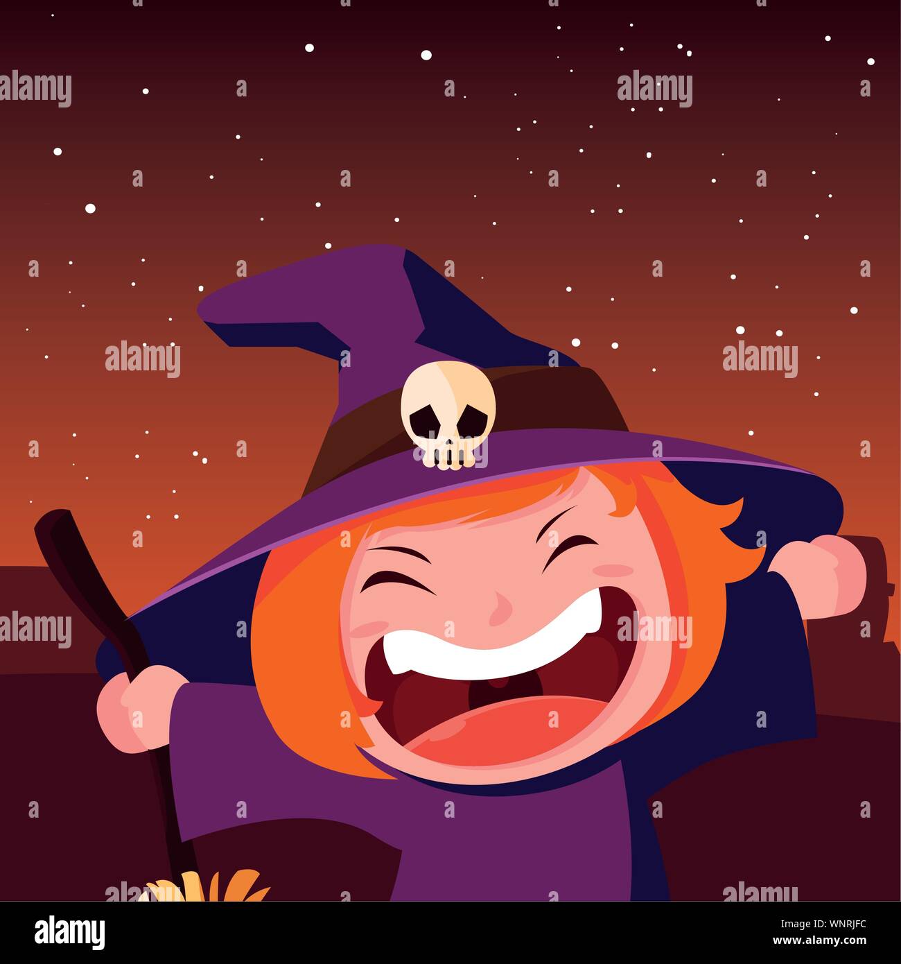 smiling girl in witch costume with broom halloween vector illustration ...