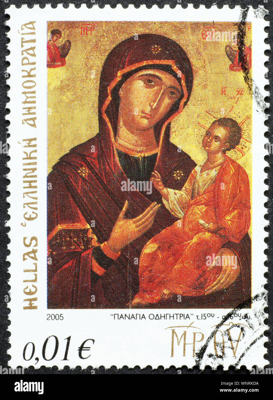 Byzantine painting of Mary and Jesus on greek stamp Stock Photo