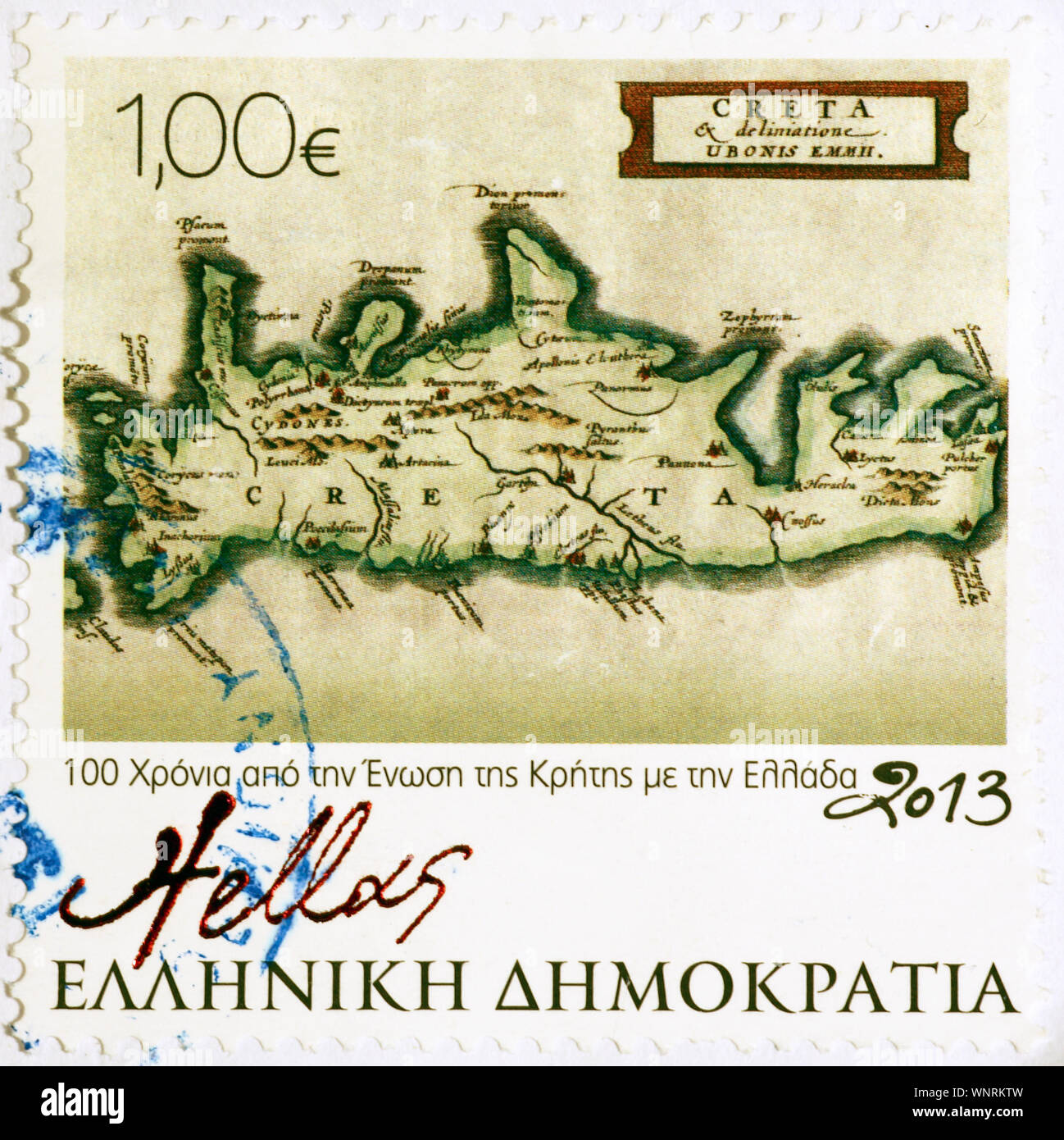 Old map of Crete on greek postage stamp Stock Photo