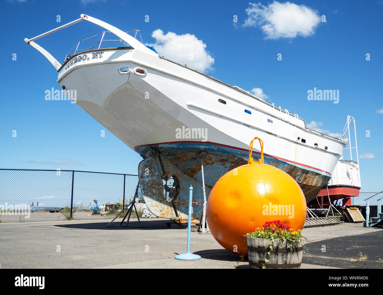 Oswego, New York, USA. September 6, 2019. Boat on display at the H. Lee White Maritime Museum in downtown Oswego on the shores of Lake Ontario Stock Photo