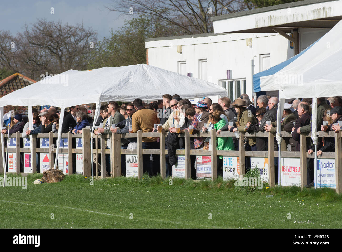 Amateur rugby club supporters pack the fence to watch local derby match Stock Photo