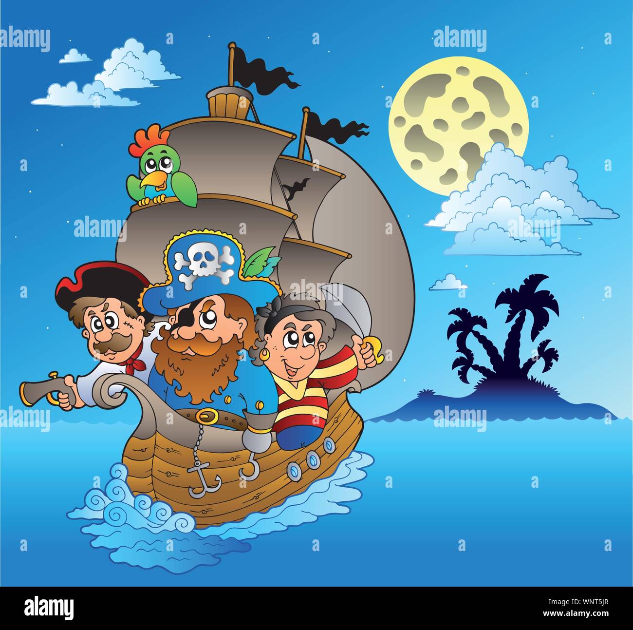 Three pirates and island silhouette Stock Vector