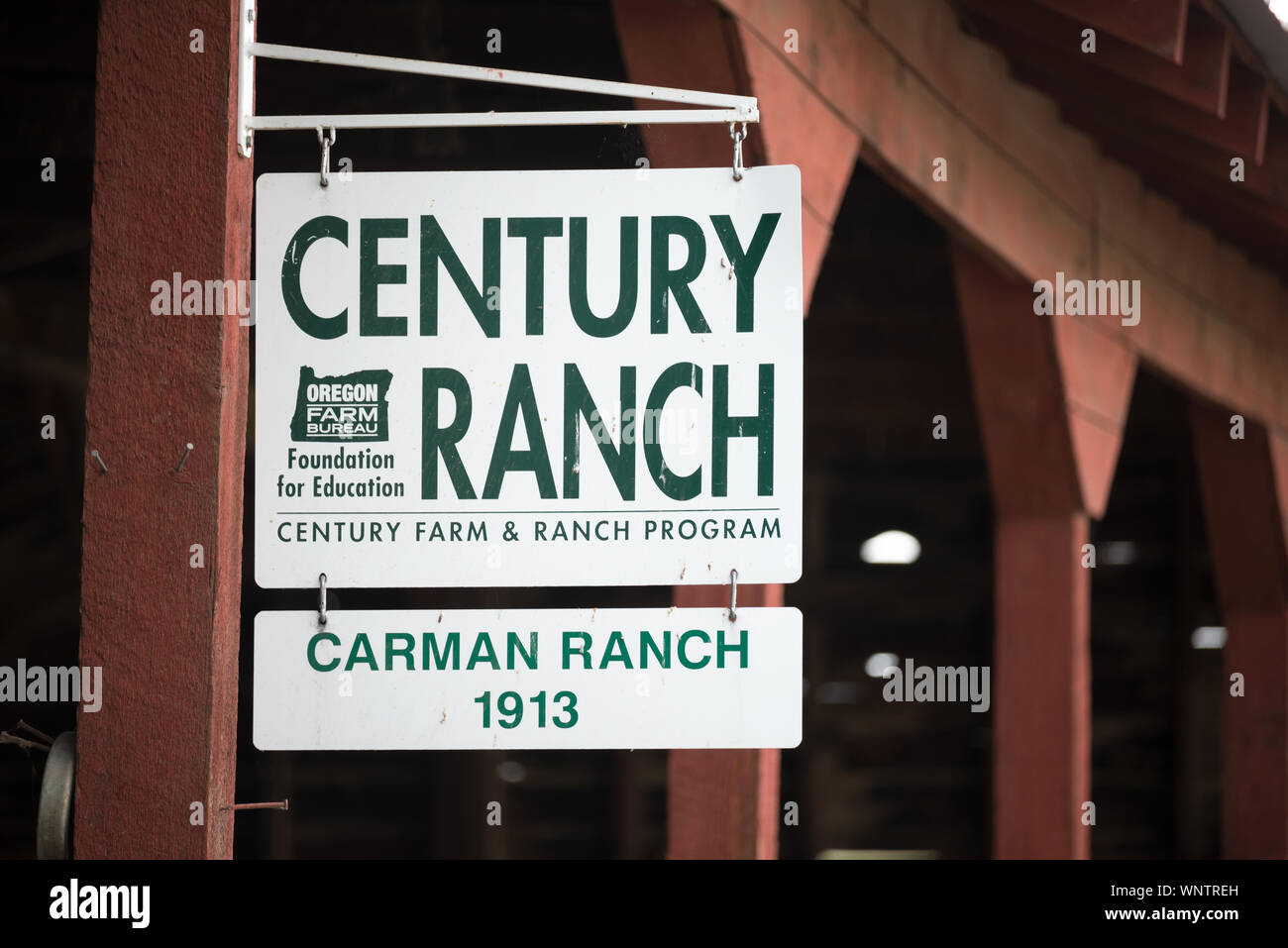 Century Ranch sign at the Carman Ranch in the Wallowa Valley, Oregon. Stock Photo