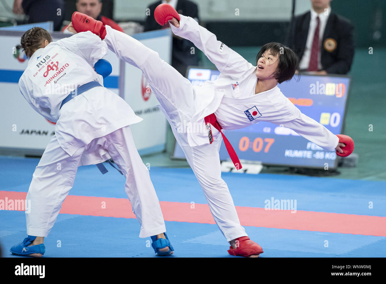 Tokyo, Japan. 6th Sep, 2019. Valeria Alekhina of Russia (blue) fights  against Ruri Fujita of Japan (red) during the elimination round of Female  Kumite's -55kg category at Karate1 Premier League Tokyo 2019.