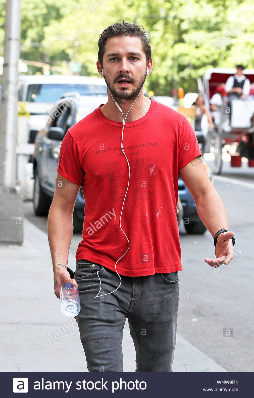 red shirt grey jeans