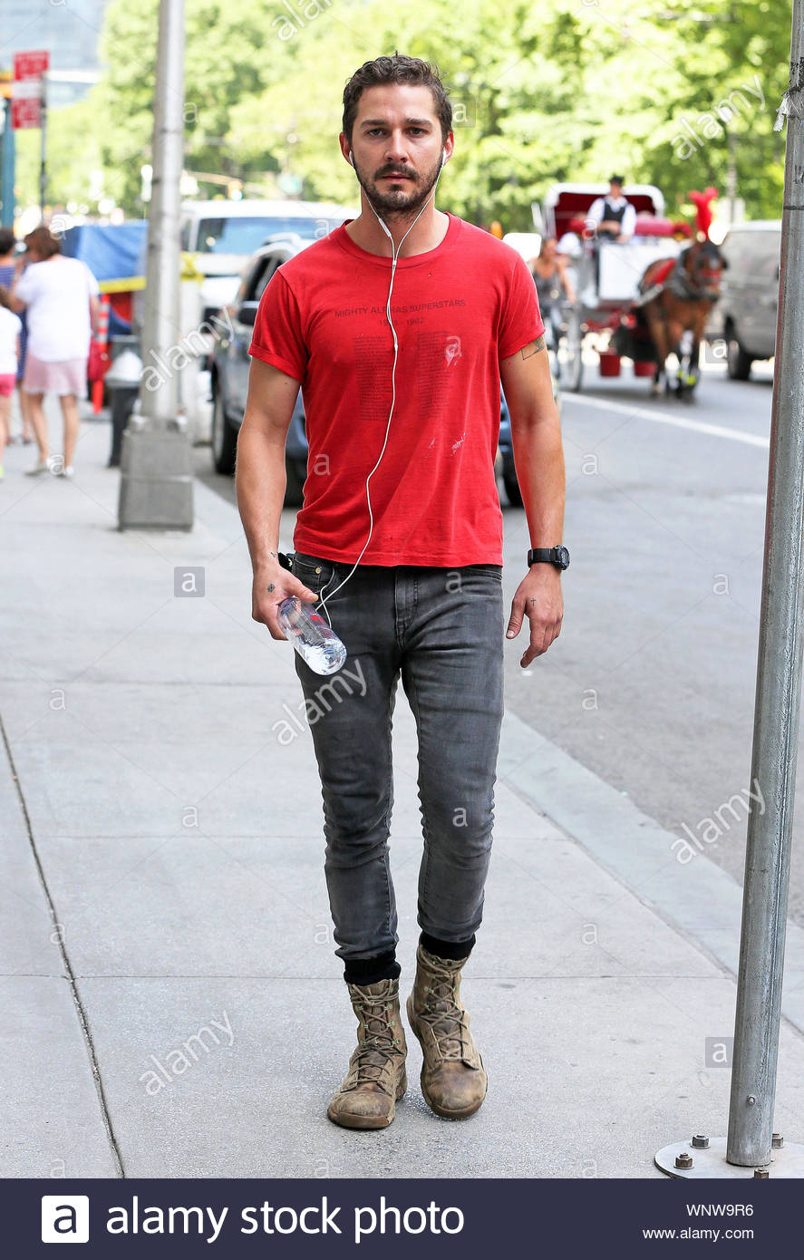 red shirt grey jeans