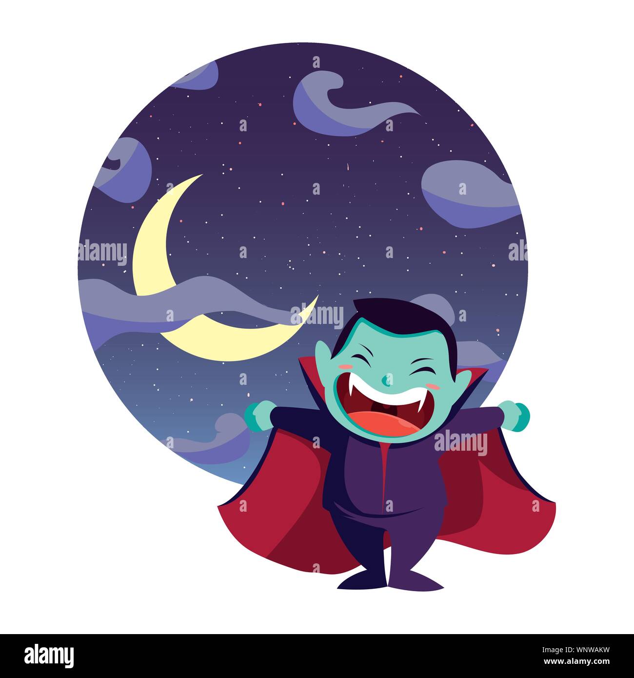 boy in halloween dracula costume moon night vector illustration Stock ...