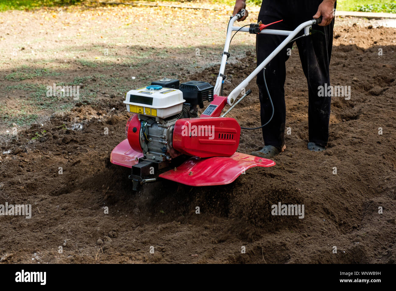 Man working in the garden with garden tiller machine. Garden tiller to work, close up Stock Photo