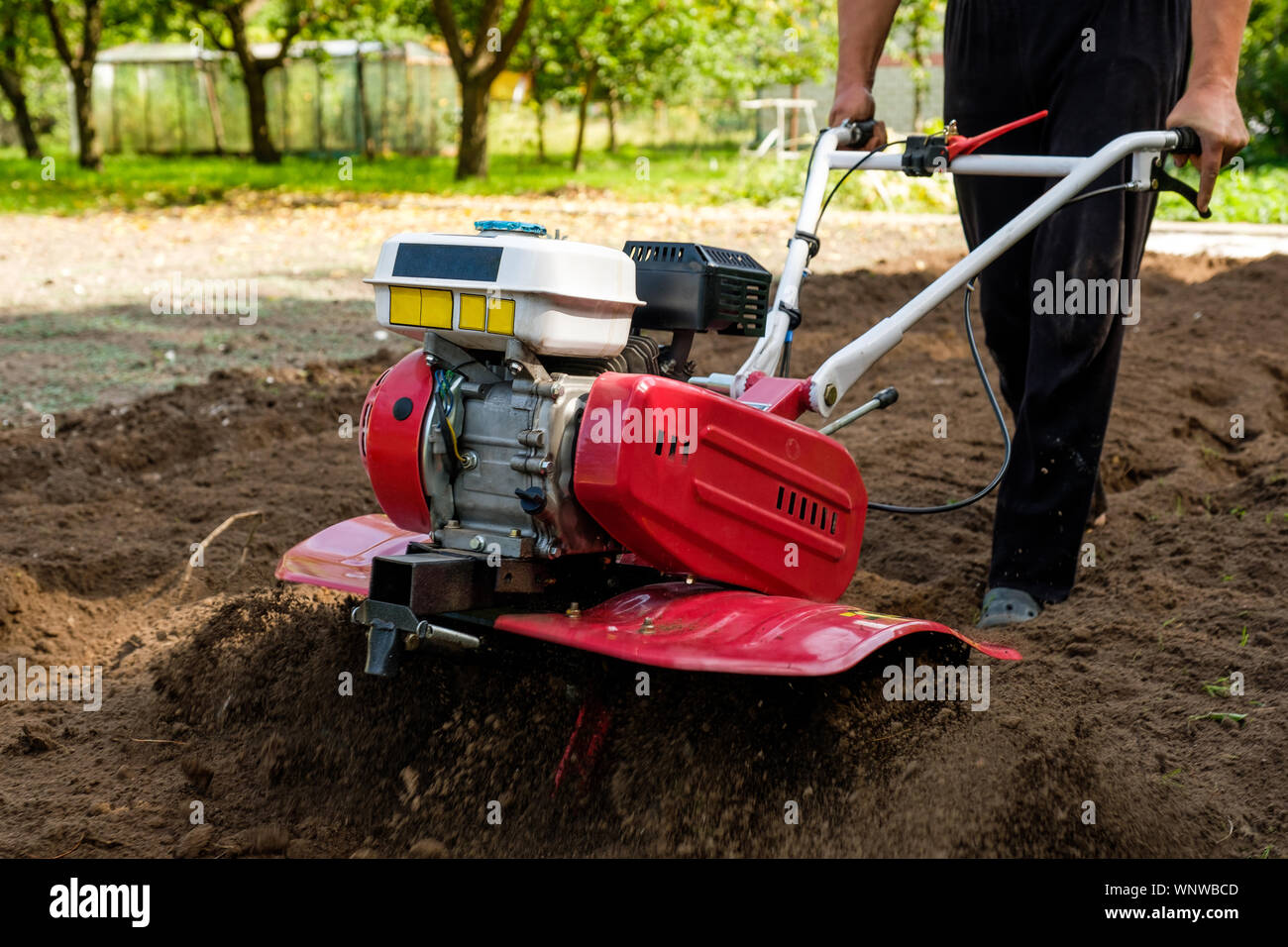 Man working in the garden with garden tiller machine. Garden tiller to work, close up Stock Photo