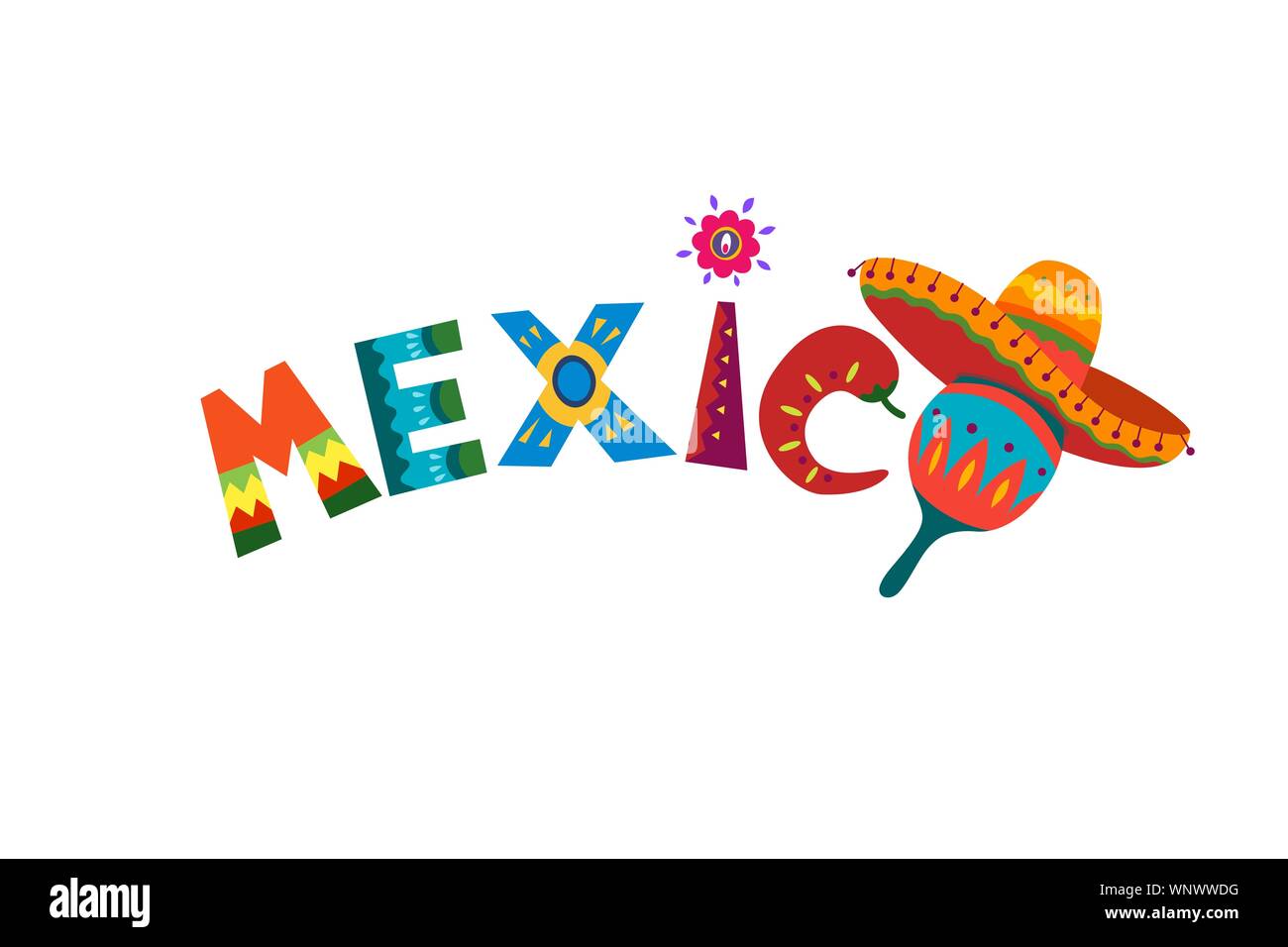 Mexico word in Mexican traditional ornament text for festive card or invitation in country. Bright design element sun with fiesta style chilli and sombrero. Colorful ethnic vector design illustration Stock Vector