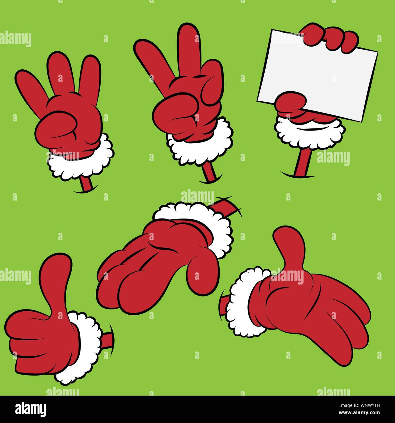 Six cartoon hands of Santa on a green background, Christmas concept ...