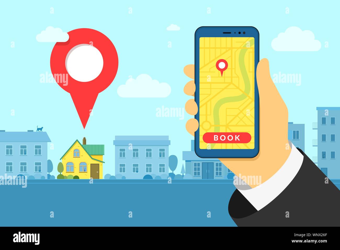 Hand holding smartphone at hotel or hostel search and booking online. House building exterior location pin. Mobile app searching gps point on city map and cityscape background. Vector eps illustration Stock Vector