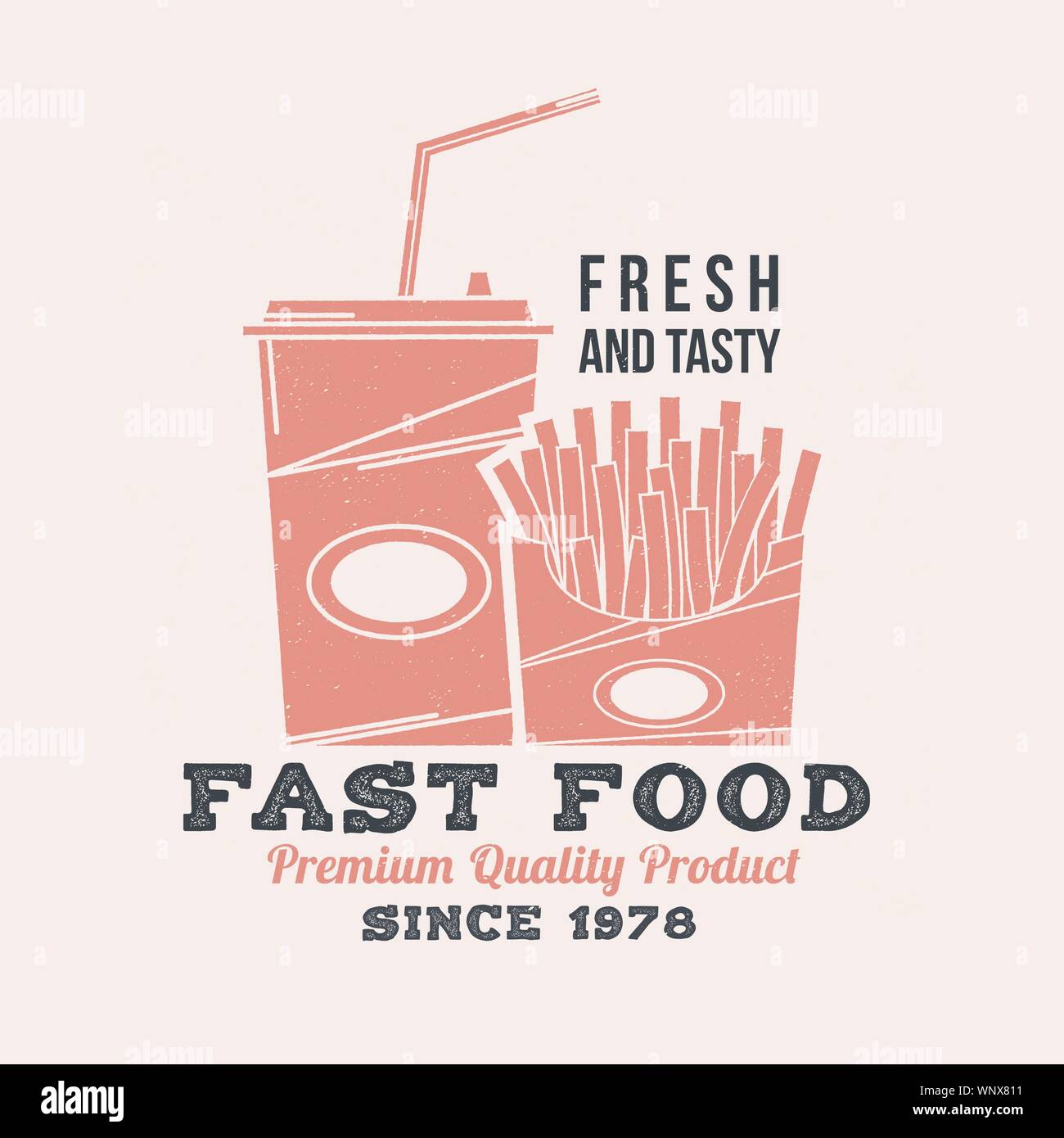 Hot and fresh fast food retro badge design. Vector. Vintage design for cafe, restaurant, pub or fast food business. Template with fast food for restaurant identity objects, packaging and menu Stock Vector