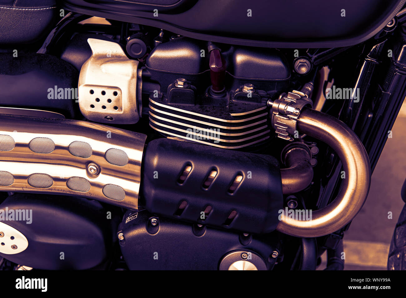 closeup, Engine parts of motorcycle engine exhaust chrome pipes ,.Rear