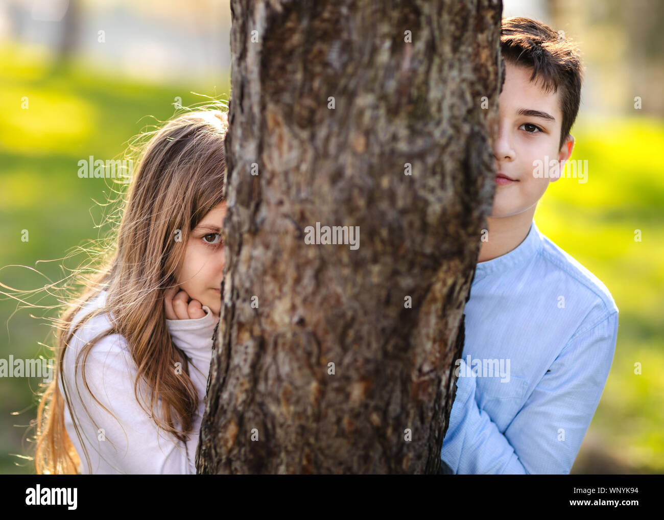 Boy and girl playing hide and seek in the park. Girl watching on boyfriend.  Girl hiding behind the tree and lurk on boy Stock Photo - Alamy