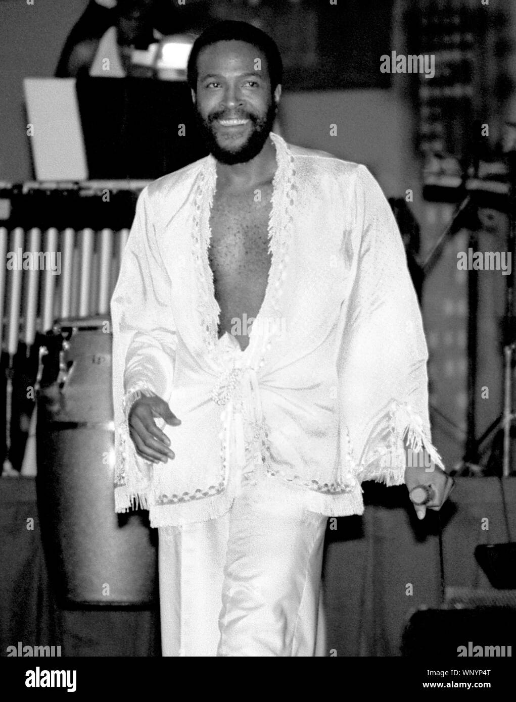 Marvin Gaye is onstage at the Radio City Music Hall in September 1977. Stock Photo