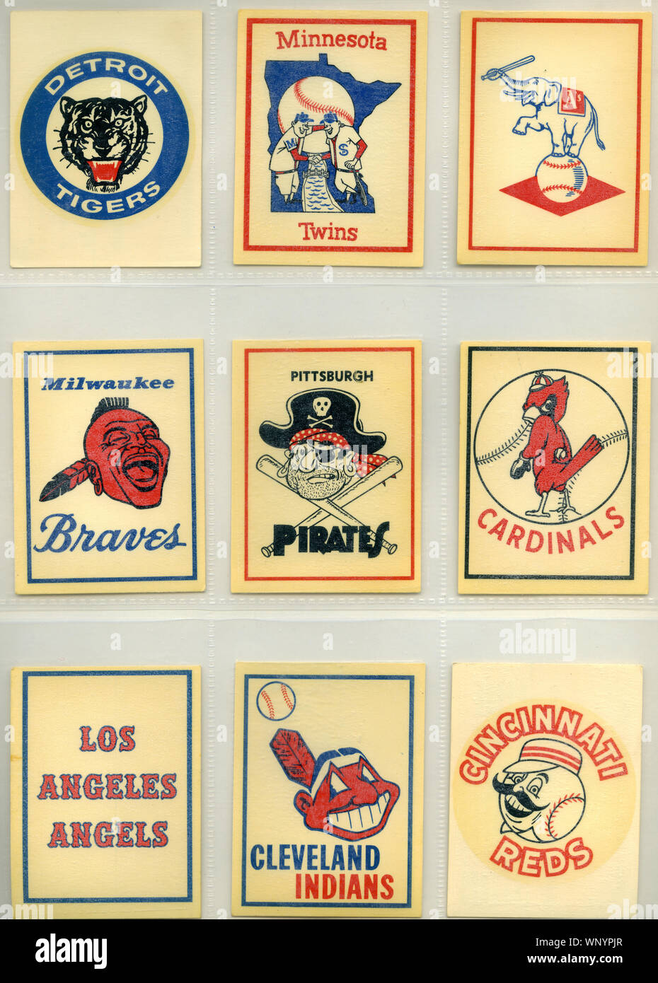 Vintage Major League Baseball team logo decals circa 1960s. Stock Photo