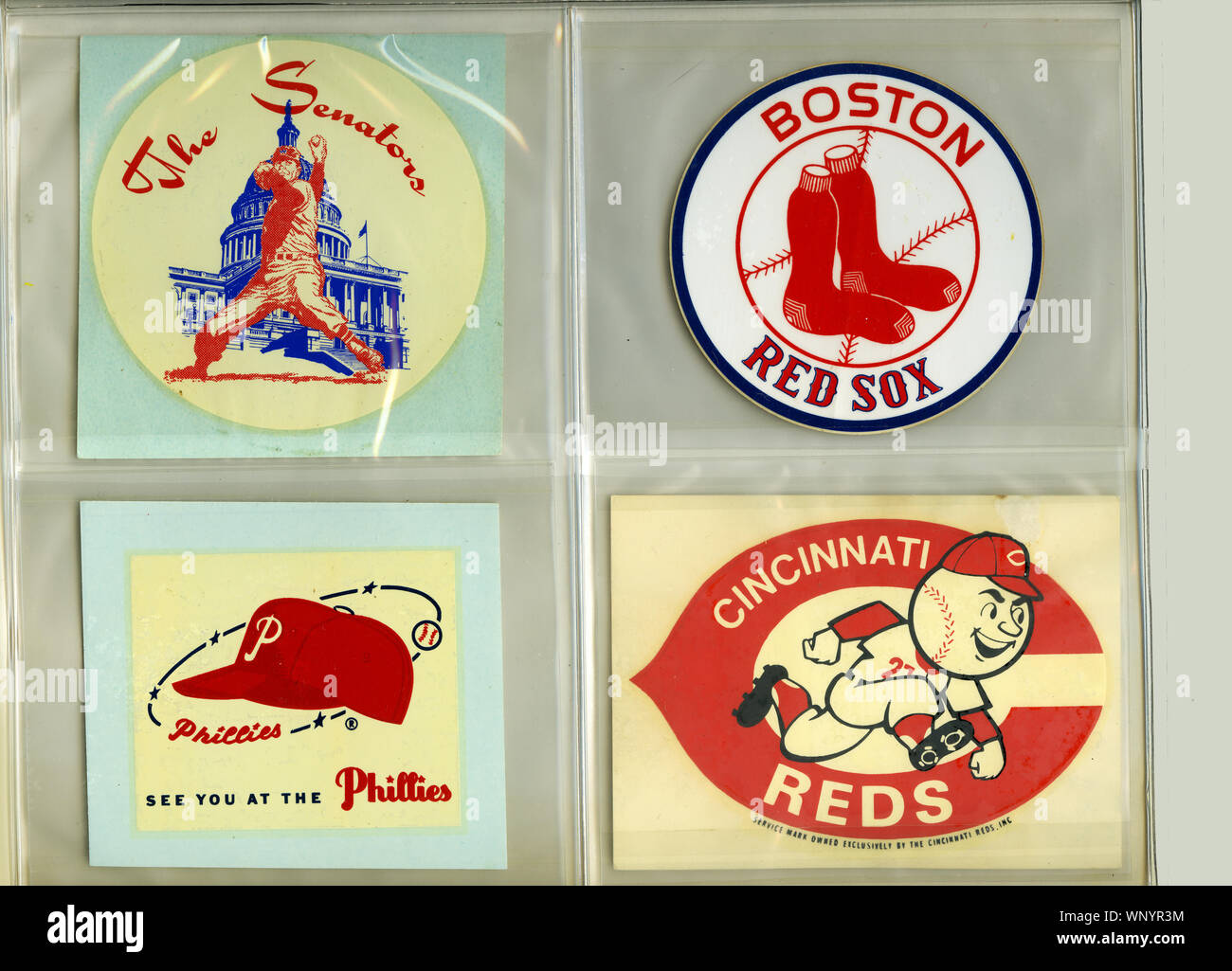 Vintage Major League Baseball team logo decals circa 1950s and 60s. Stock Photo