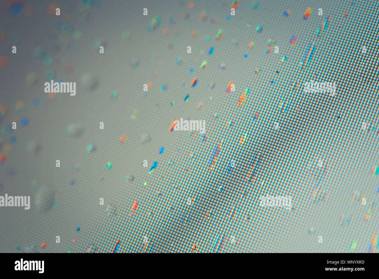 Display pixels grid texture. Monitor pixel macro background. Water drops on pixilated surface. Stock Photo