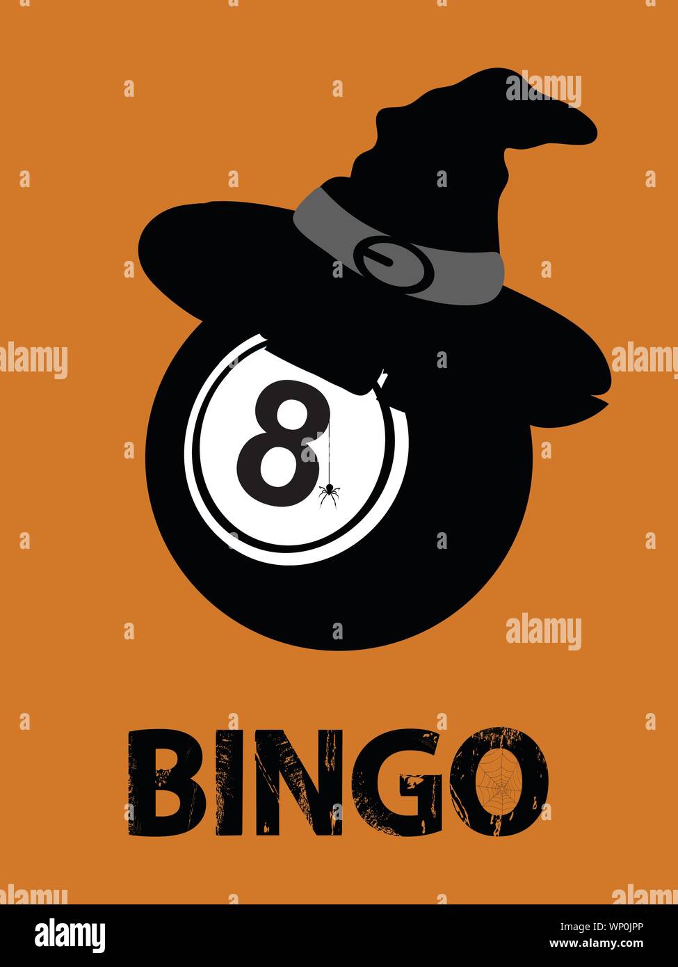 Halloween; Black Bingo Ball With Witch Hat Spider And Decorative Grunge Text With Web Over Orange Portrait Background Stock Vector