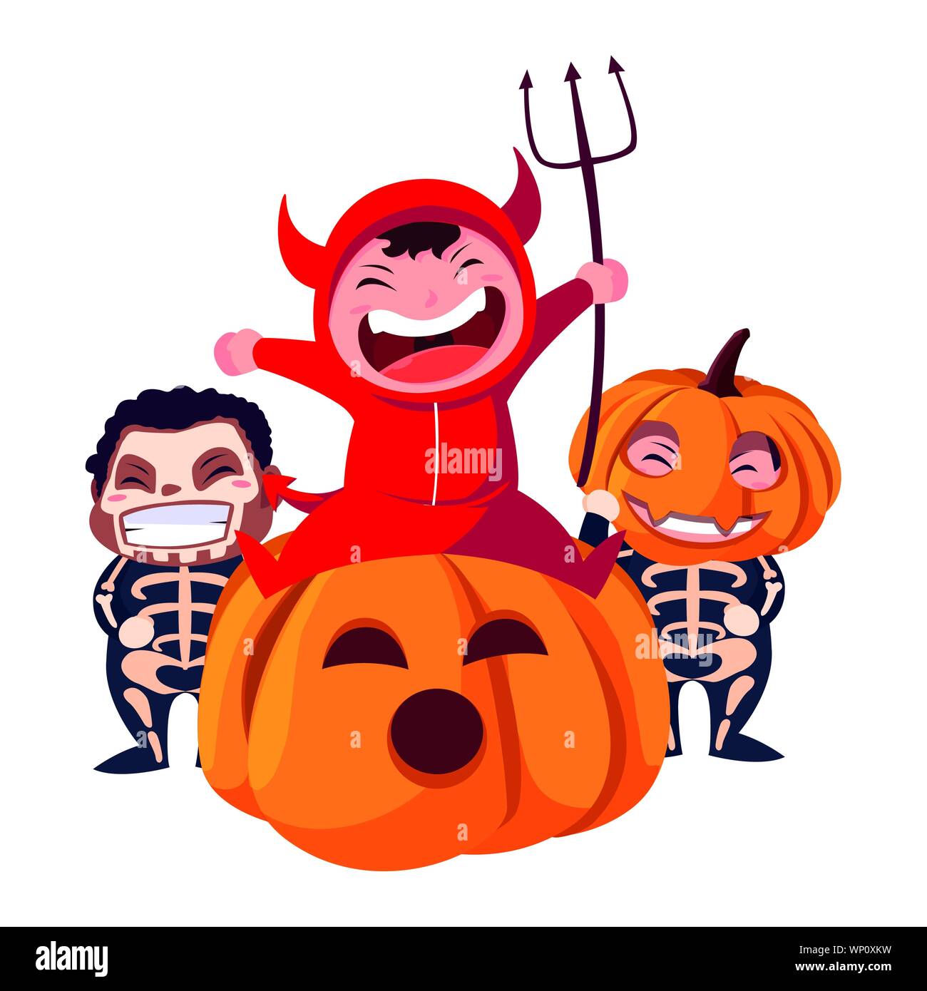 boys skeleton and devil costume halloween vector illustration Stock ...