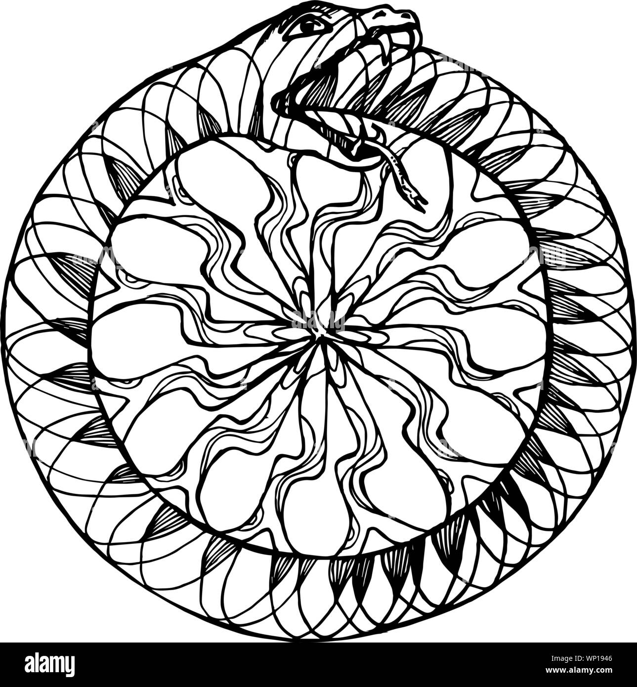 Black and white picture of a Uroboros snake eating its tail. Pattern, idea for tattoo. Stock Vector